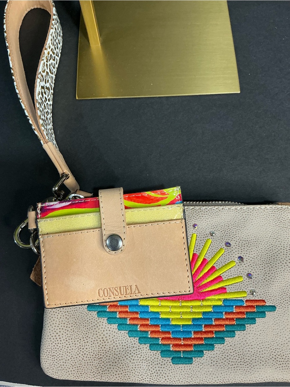 Consuela Beige Embroidered Crossbody Wristlet